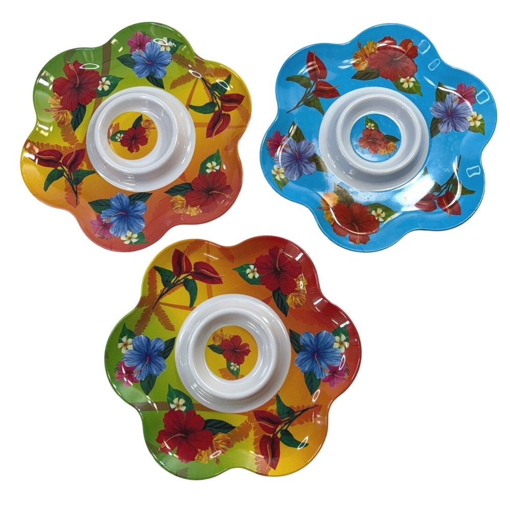 Greenbrier Hawaiian Flower Melamine set of 3 Trays Chip Dip EUC 13"